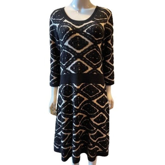 Taylor Womens Sweater Dress Geometric Print Long Sleeve Black White Size X Large - Picture 1 of 9